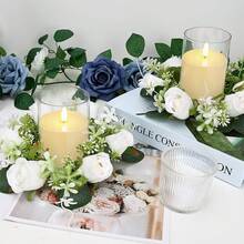 Artificial Flower Wreath Candle Holder Decoration, Wedding Table Centerpiece, White Rose Floral Arrangement Table Decor For Banquet - White - View 2