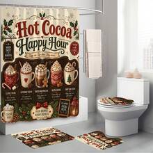1pc/4pcs Christmas American Hot Cocoa Menu Multi-Functional Bathroom Decor Shower Curtain Set, Free 12 Hooks, Premium Holiday Atmosphere, Bathroom Mat, U-Shaped Floor Mat And Round Toilet Lid Cover, Suitable For All Christmas Scenes Decoration - American Hot Cocoa - View 9