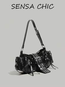 Pillow Bag Shoulder Crossbody Dual-Use Multi-Compartment Storage For Phone, Earphones, Cosmetics, Personal Items Zipper Closure Street Cool Dark Style Rivet Multi-Zipper Motorcycle Bag Cool Girl Outfit For Dating, Daily Outings, Crossbody Bag - Black - View 4