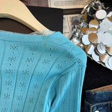 Blue Long Sleeve V-Neck Short Sweet Style Hollow Out Jacquard Knit Cardigan Women Top - Mint Blue - View 5