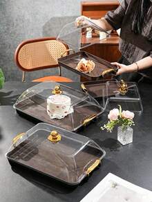 Walnut Wood Grain Tray With Cake Cover, Thickened PET Rectangular Tray With Handle And Cake Dome, Plastic Storage Tray, Suitable For Tea Cups, Water Cups, Snacks, Dried Fruits, Fruits Storage Tray, Serving Tray - Wood Grain - View 4