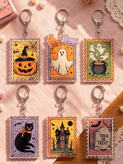 1 pieza/6 piezas Llavero acrílico con sello de Halloween, conjunto de llaveros con diseños de fantasma de dibujos animados, calabaza, linterna y gato, decoración de truco o linda, acrílico transparente de alta calidad, decoración multifuncional para mochila, teléfono, agenda y accesorios de bolso.