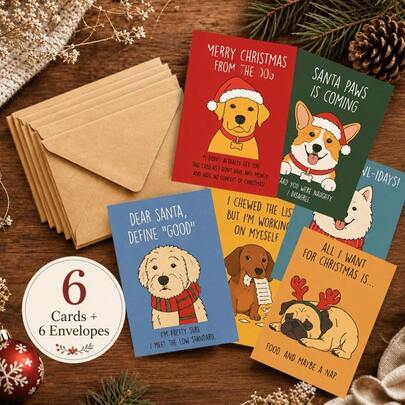 12 pièces/set Cartes de vœux de Noël avec enveloppes, Chien de dessin animé rouge avec chapeau de Noël, Texte amusant, Style mignon, Cartes de vœux de Noël pour les amis amateurs de chiens JTPG