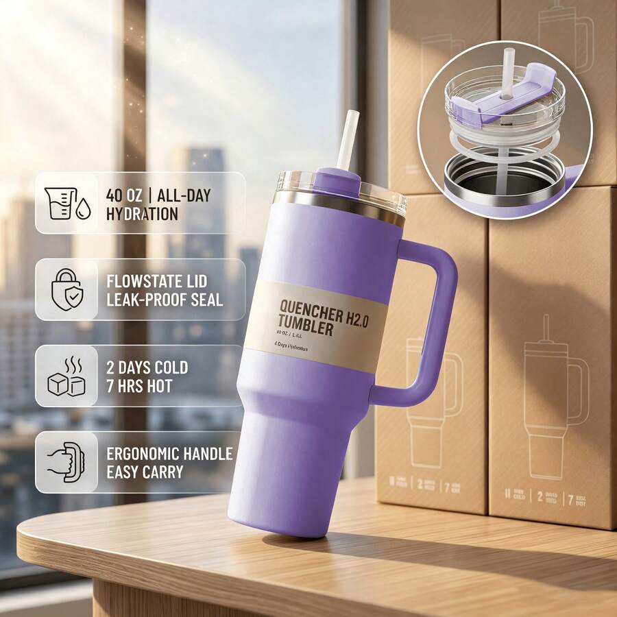 1pc Watersy 40oz Stainless Steel Tumbler With Handle And Straw - Insulated Sports Water Bottle For Men And Women - Perfect Gift
