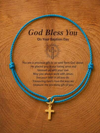 1pc Women's Casual Blue Woven Cross Pendant Adjustable Bracelet, Baptism Gift, Easter Gift