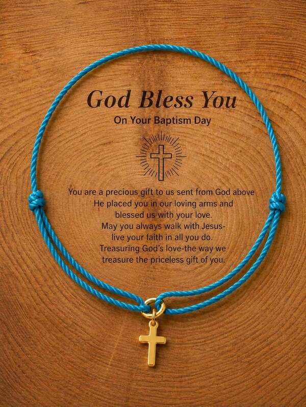 1pc Women's Casual Blue Woven Cross Pendant Adjustable Bracelet, Baptism Gift, Easter Gift