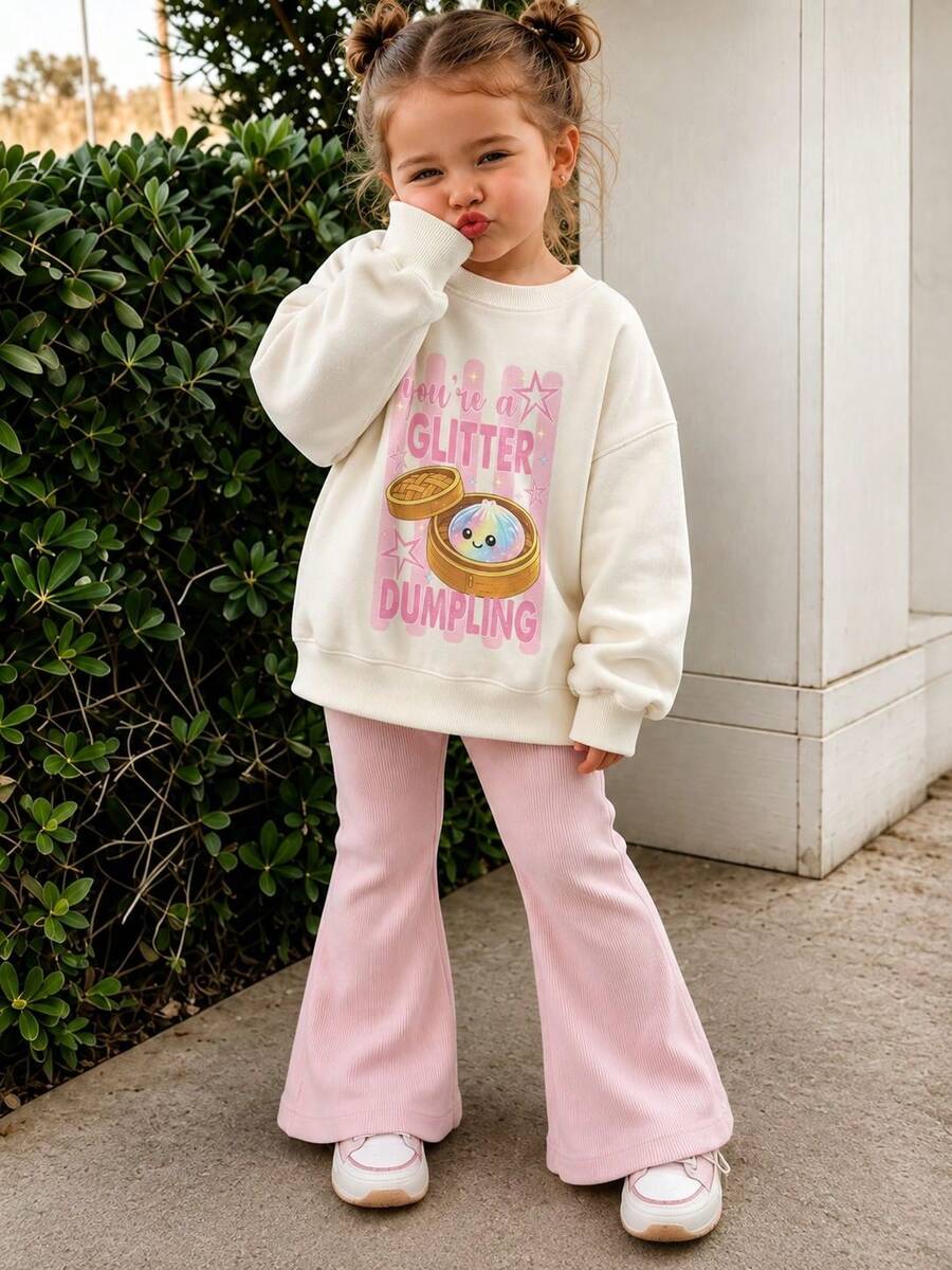 Young Girls 1pc Thick Warm Printed Crew Neck Sweatshirt, Young Girls Autumn/Winter Long Sleeve Top For Students - Apricot - View 1