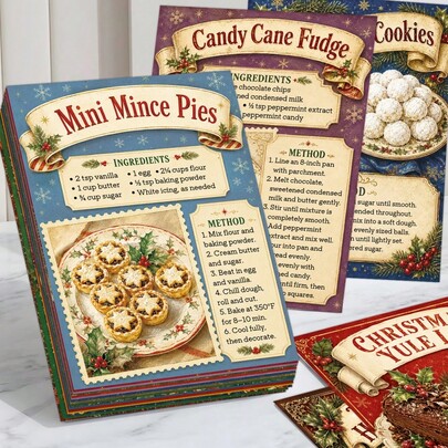 20pcs Vintage Christmas Recipe Cards, Festive Holiday Baking Cards, Illustrated Dessert Drink Dinner Recipe Cards, Xmas Food Recipe Guide Cards, Gift For Bakers & Food Lovers