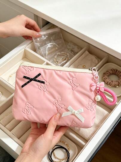 Pink Quilted Bow Embossed Cosmetic Bag, Cute Pearl Bow Charm Zipper Makeup Pouch With Wrist Strap, Portable Travel Toiletry Storage Organizer Bag For Women Girls, Daily Skincare & Makeup Accessories Holder