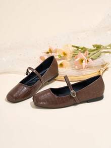 HFSHUNXY Flatjoy Chocolate Brown Crocodile Embossed Mary Jane Shoes For Women Square Toe Single Strap Low Heel Retro Preppy Commute Versatile Shoes - Brown - View 6