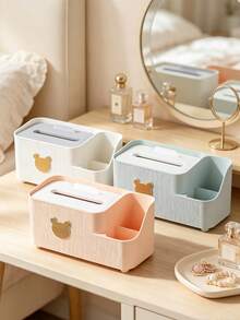 1pc Multifunctional Plastic Tissue Box With Side Storage Compartments, Cute Bear Decor Napkin Dispenser Holder For Remote Controls Small Items, Desktop Tissue Organizer For Coffee Table Living Room Bedroom Dorm Home Decoration - Multicolor - View 2
