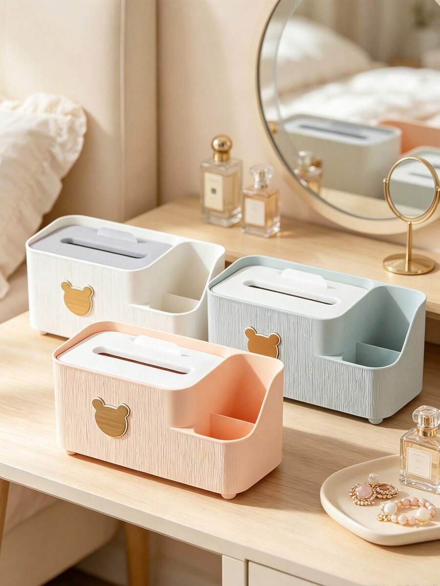 1pc Multifunctional Plastic Tissue Box With Side Storage Compartments, Cute Bear Decor Napkin Dispenser Holder For Remote Controls Small Items, Desktop Tissue Organizer For Coffee Table Living Room Bedroom Dorm Home Decoration