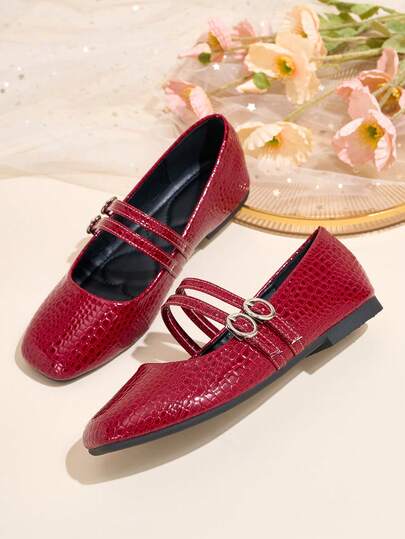 HFSHUNXY Flatjoy 2026 British Vintage Style, Autumn/Winter Women's Red Plaid Square Toe Mary Jane Double Buckle Shallow Flat Shoes, Commute Versatile, Elegant Fashion, Casual Minimalist, Suitable For Shopping, Dating, Party, Banquet, Valentine's Day, Slip-On