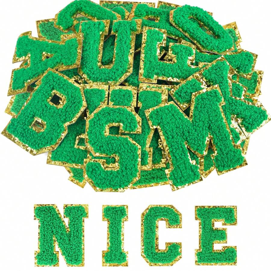 26件松綠色毛巾刺繡字母貼花，全套A-Z英文字母，自黏式燙貼，DIY衣物、布料、背包、鞋子、帽子、手工裝飾配件
