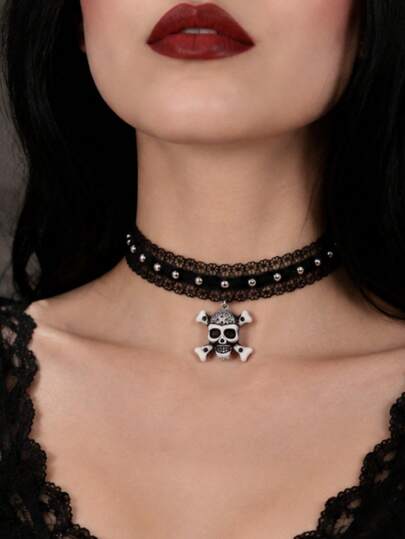 1 pieza Gargantilla de encaje vintage con calavera de Halloween, collar de estilo gótico oscuro personalizado para mujer, accesorio de joyería de moda personalizado, regalo perfecto para parejas, familia y amigos, adecuado para uso diario, regalo perfecto para fiestas y vacaciones, accesorio versátil para atuendos casuales y de vacaciones de mujer
