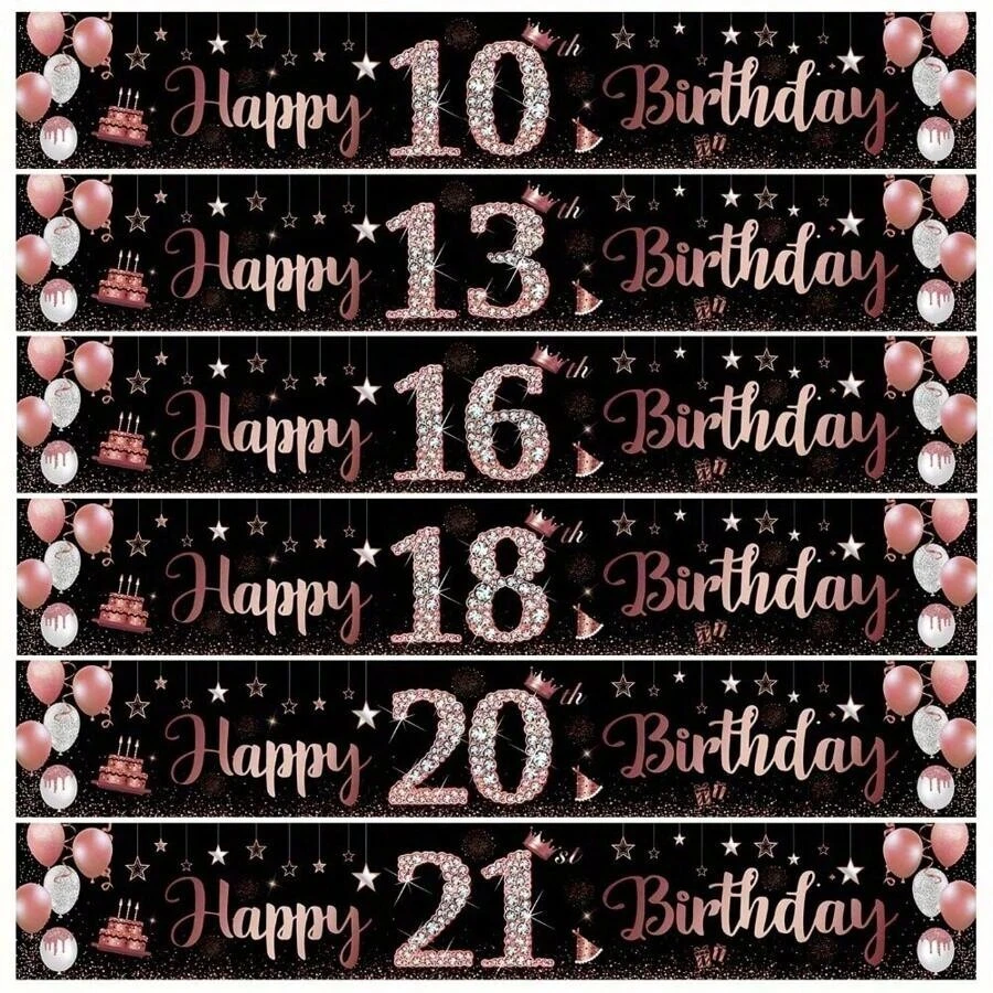 2D Flat 1pc Rimbol Polyester Birthday Banner Set - Versatile Garden Party Decoration For All Seasons, Black And Rose Gold, Suitable For 10th, 13th, 16th, 18th, 20th, 21st Birthday, Outdoor Photo Backdrop
