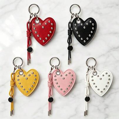 Vintage Punk Style Rivet Heart-Shaped PU Leather Keychain, Multi-Color Braided Lanyard Key Ring, Backpack Handbag Decorative Pendant, Bag Charm, Bag Chain, Bag Chain Pendant, Braided Bag Charm, Bag Decorative Pendant, Bag Accessories, Keychain, Bag Chain Accessories, Bag Charm Accessories