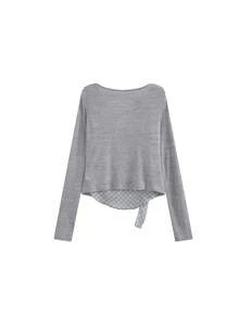 Korean Style Draped Neck Plaid Ribbon Patchwork Pleated Faux Two Pieces Long Sleeve T-Shirt, Niche Design Casual Versatile Autumn/Winter Women's Top - Grey - View 5
