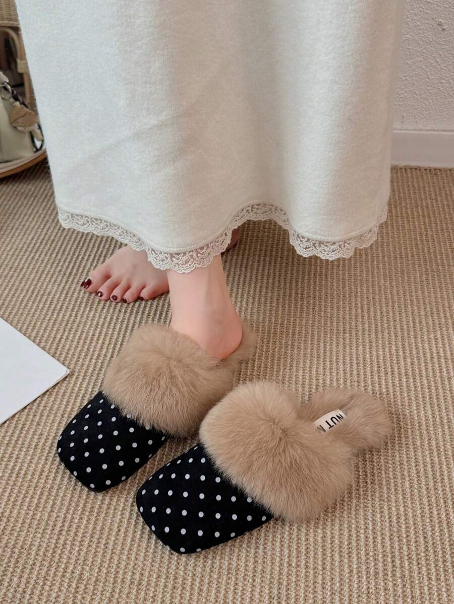 Women's Polka Dot Plush Square Toe Closed Toe Fuzzy Mule Slippers, Retro Round Dot Outdoor Wear Fuzzy Slippers, Autumn/Winter Home - Black - View 1
