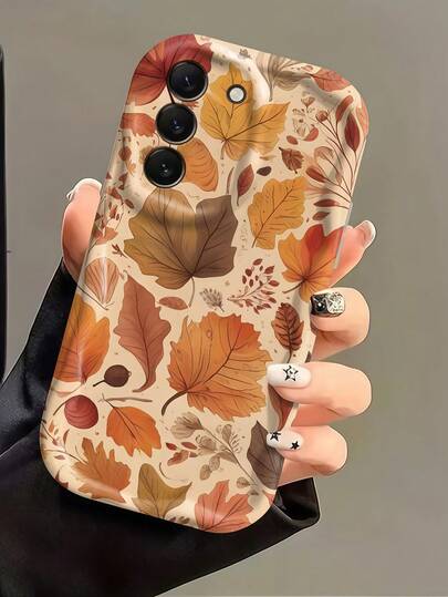 1pc Cream Wavy Ins Shockproof Anti-Drop Protective Phone Case, Beautiful Autumn Maple Leaf Phone Shell, Vintage Autumn Dried Leaf Print Soft TPU Shockproof Protective Phone Case, Compatible With Android Devices Anti-Drop Protective Shell For Samsung, Series Phones