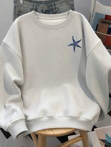 Beach Vacation Style Starfish & Wave Line Print Crew Neck Sweatshirt, Summer Holiday Slogan Casual Drop Shoulder Long Sleeve Top, Autumn Apparel - Off-white - View 2