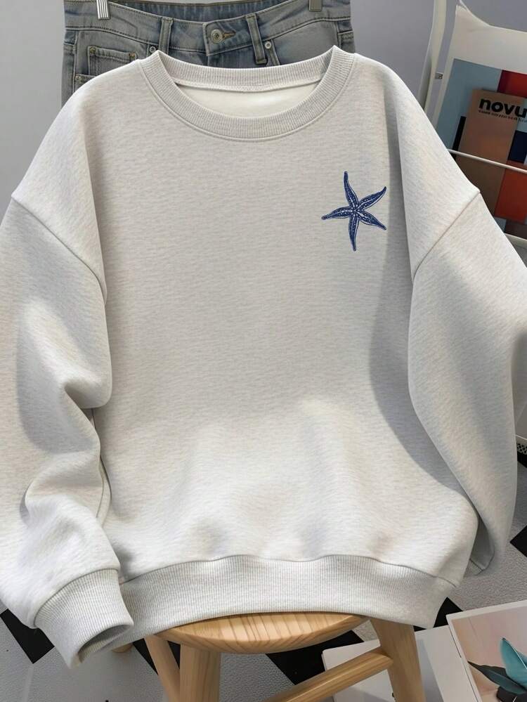海灘度假風海星與波浪線印花圓領衛衣，夏季度假標語休閒落肩長袖上衣，秋季服飾 - 白灰色 - 查看 2