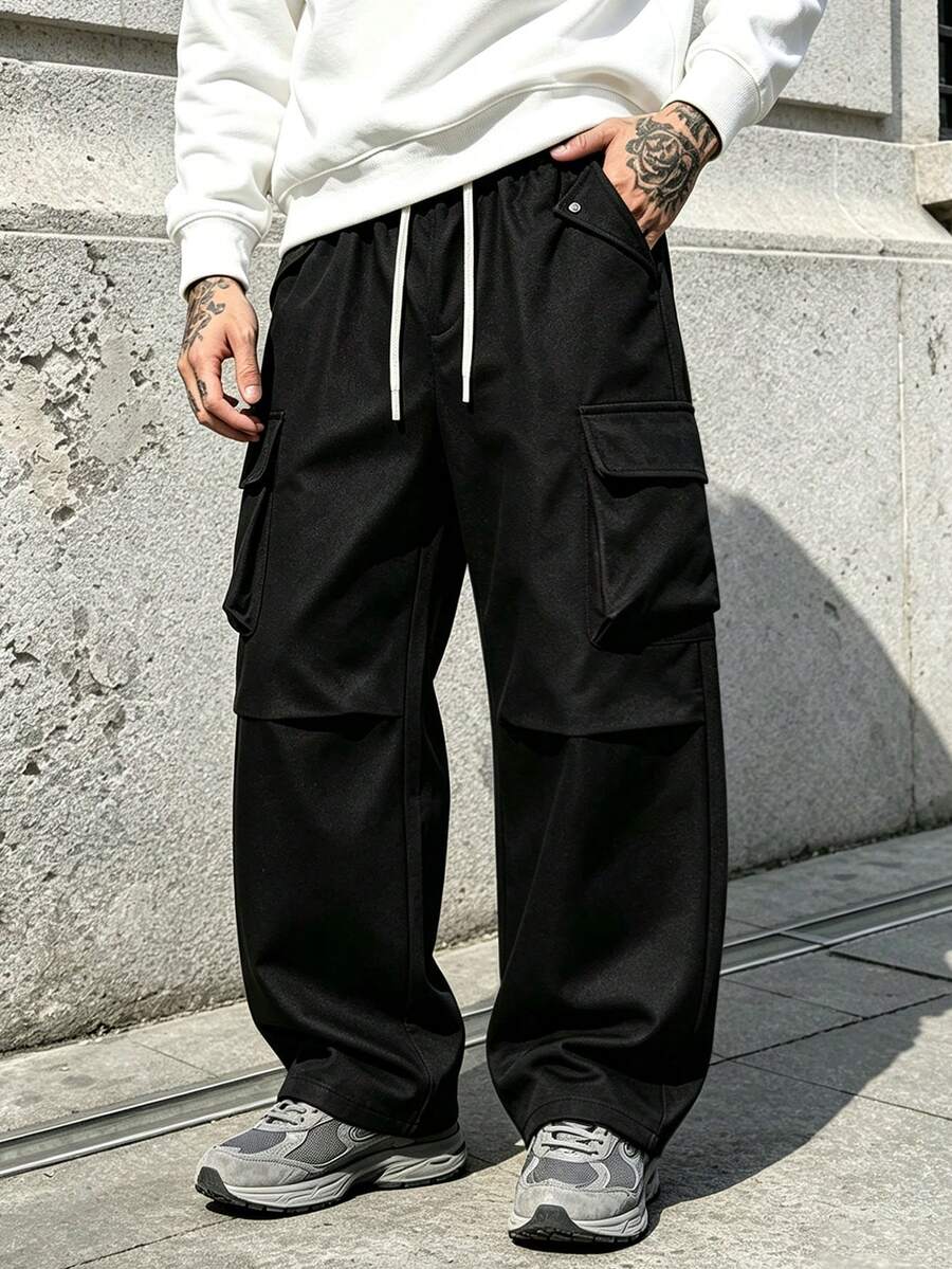 Men's Spring/Autumn Outdoor Casual Workwear Curved Leg Pants, Street Fashion Versatile Wide Leg Loose Fit Long Pants - Black - View 1