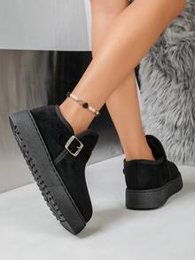 Women's Faux Suede Thick Sole Mule Closed Toe Slippers, Antique Gold Buckle Strap Slip-On Backless Round Toe Boot-Style Slides - Black - View 4