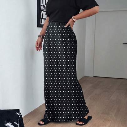 Falda larga casual de línea A con lunares para mujer de talla grande, tela tejida sin elasticidad, adecuada para uso diario, negro, primavera