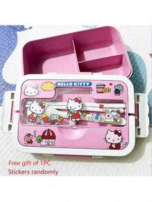 1pc Sanrio KT Cat Back To School Season Divided Lunch Box With Lid, Transparent Cover, Utensils Fork & Spoon, Reusable, Microwave Plastic Bento Box, Portable Breakfast Container, Perfect For Home Kitchen, School, Office, Travel And Outdoor Picnic, Random Stickers - Multicolor - View 15