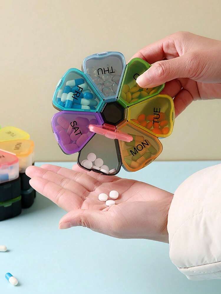 7-Day Petal-Shaped Pill Box, 7-Compartment Capsule Organizer, Portable Travel Pill Case - Multicolor - View 1