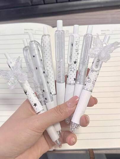 Bolígrafos de Gel Retráctiles Paquete de 8/4/1, Bolígrafos de Punta Fina 0.5mm Tinta Negra, Bolígrafos Estéticos con Estampado Minimalista de Estrellas Plateadas y Lunares Blancos, Escritura Suave para Diario, Toma de Notas y Suministros de Papelería de Oficina