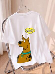 Summer Women's Short Sleeve Classic Cartoon Brown Dog "Help" Speech Bubble Fun Graphic T-Shirt - White - View 1