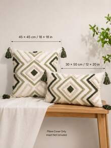 1pc/2pcs Bohemian Flocked Diamond Throw Pillow Cover With Tassel Corners, Rhombus Geometric Pattern, Olive Green & Sage Green, 18x18 Inch & 12x20 Inch, Suitable For Living Room Sofa, Bedroom Bed, Headboard, Outdoor Garden, Farmhouse Party Decor (Pillow Insert Not Included) - Green - View 2