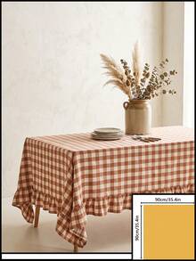 1pc Brown And White Large Plaid Ruffle Edge Tablecloth, Rustic Country Style Rectangular Same-Color Ruffle Edge Pleated Detail Decorative Functional Dining Tablecloth Suitable For Family Gatherings And Rustic Home Decor Scenes - Khaki - View 20