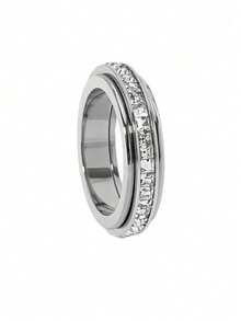 1pc Stainless Steel Rotatable Double Circle Square Diamond "Time Flies" Ring, Constellation Couple Ring, Suitable For Daily Wear & Stress Relief - Multicolor - View 6