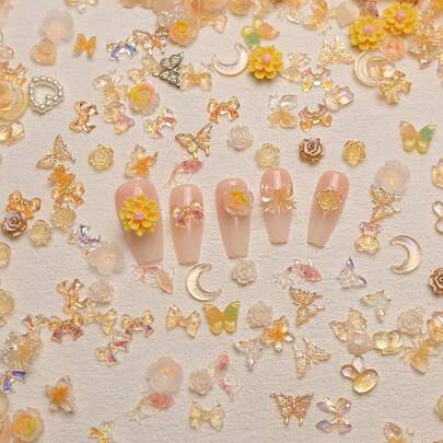 50件3D樹脂美甲飾品：隨機組合包含玫瑰、蝴蝶結、月亮、向日葵、兔子、愛心、鏤空玫瑰愛心、蝴蝶、兔子及各種動物造型，鑲嵌水鑽與仿珍珠，適用於DIY美甲裝飾與手工藝，兼容春夏秋冬風格與Y2K美甲造型，美甲飾品DIY穿戴甲配件，適合美甲沙龍使用，聖誕節、情人節、萬聖節，精緻可愛，優雅女性美甲必備