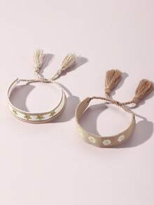 2pcs/Set Girls Fresh Daisy Flower Woven Bracelet Set Combination Suitable For Daily Decoration - Multicolor - View 4