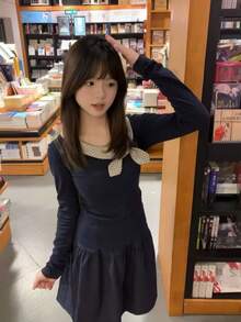 Early Autumn Design Korean Style Bow U-Neck Long Sleeve T-Shirt Top - Navy Blue - View 2