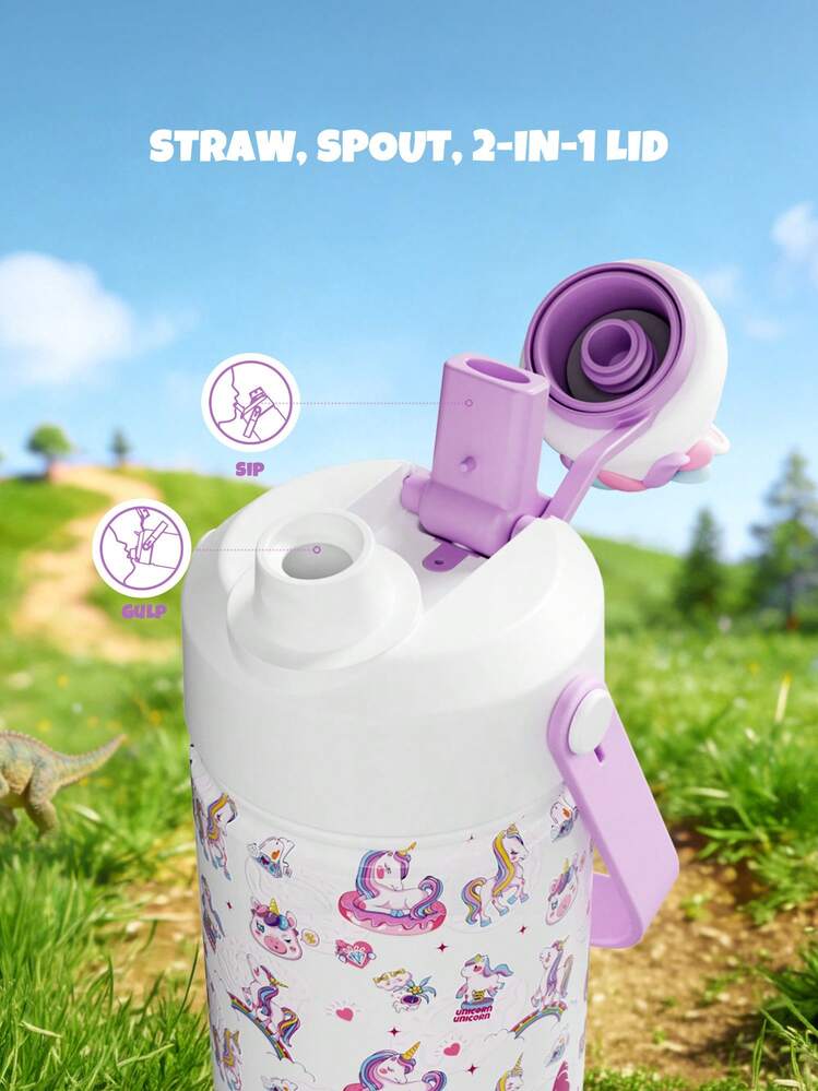 Powcan 18盎司不鏽鋼保溫杯：2合1吸管蓋，防漏保溫杯，易清潔，適合學校、旅行、玩耍和禮品送禮 - 白色獨角獸 - 查看 4