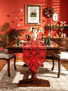 HXARTMIS 1 Buah Taplak Meja Bordir Poinsettia Merah Natal, Dekorasi Meja Makan Liburan Natal Berenda Berongga, Cocok Untuk Restoran, Pesta Dan Dekorasi Rumah - Merah - View 10