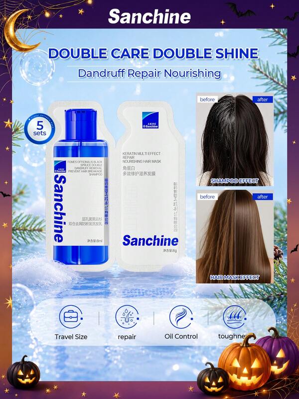 Sanchine Layered Pore Bacteria Black Spruce Dual Hair Protection Anti-Dandruff Anti-Breakage Shampoo + Keratin Multi-Effect Repair Nourishing Hair Mask Travel Size