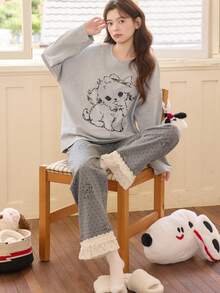 2pcs Women's Pajama Set, Pullover Round Neck Cute Animal Print Minimalist Long Sleeve Cropped Pants, Suitable For All Seasons - Grey - View 2