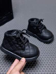 Children's Quilted Diamond Pattern Ankle Boots For Girls Lace-Up Thermal Lined Thick Sole Anti-Slip Casual Shoes For Autumn/Winter - Black - View 2