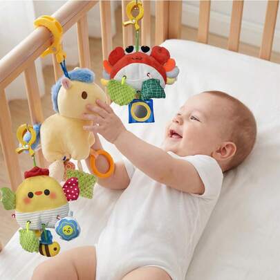 1 pieza Juguete suave para bebé, Juguete de estilo de dibujos animados de pollito, poni y cangrejo, Juguete de actividad de tela, Juguete colgante para cochecito y cama de bebé, Juguete sonajero para bebé, Juguete sensorial, Juego cerebral