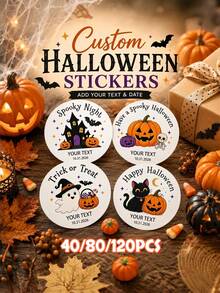 40/80/120pcs Personalized Halloween Stickers, Customized Name And Date Halloween Labels, Scary Party Gift Stickers, Pumpkin Ghost Bat Gift Labels, Halloween Trick Or Treat Bag Labels, Party Favors, Wedding, Halloween - Multicolor - View 8
