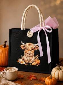 Canvas Tote Bag With Makeup Bag, Printed With Cow Pattern, Adorned With Pink Bow, Matching Makeup Bag, Shopping Bag, Foldable And Lightweight, Multi-Functional Handbag, Suitable For Commuting, Shopping, Daily Use, Party Gift, Suitable As Birthday Gift For Friends And Best Friends, Teacher's Day Gift, Back To School Gift - Multicolor - View 12