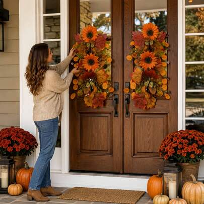 Autumn Harvest Artificial Sunflower Hanging Bouquet, Orange-Red Maple Leaves, Butterflies, Berries Mixed Teardrop Door Hanger, Suitable For Front Door Porch, Entryway Wall, Fireplace Mantel, Staircase Railing, Window Frame, Wedding Arch And Banquet Backdrop Decoration, Applicable For Thanksgiving, Halloween, Autumn Wedding And Harvest Theme Party, American Farmhouse Home Seasonal Decor