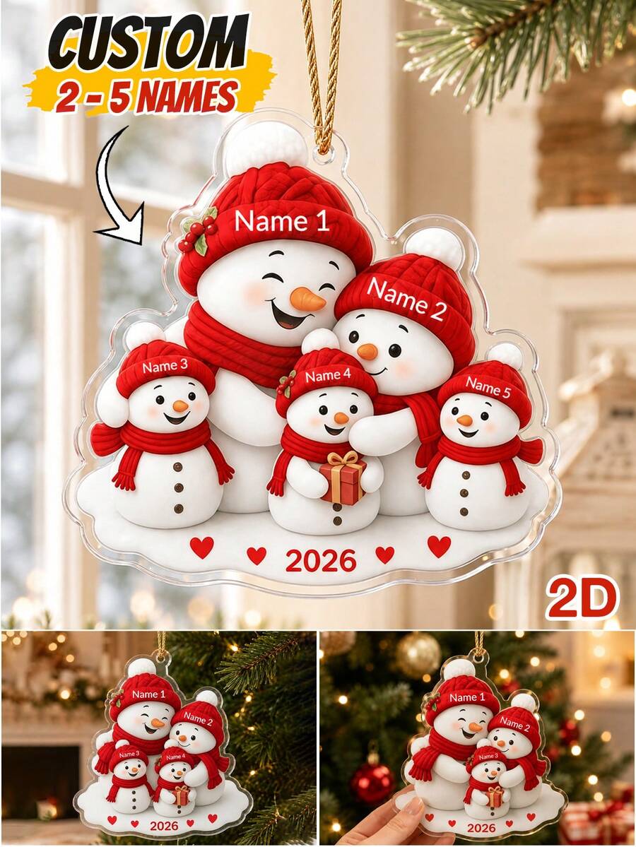 Custom Snowman Family Christmas Ornament, Personalized 2-5 Names Family Hanging Decor, Customized Snowman Christmas Tree Ornament 2026, Customizable Holiday Keepsake Gift For Mom Dad Family, Xmas Decorations - Style C - View 1