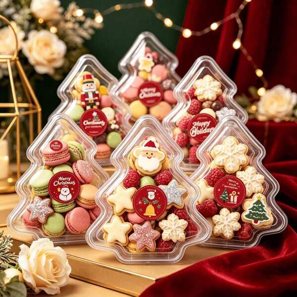60 piezas Cajas de postres con forma de árbol de Navidad (30 cajas + 30 tapas), con tapas, cajas de embalaje para caramelos, galletas y cupcakes, adecuadas para panadería, regalos de fiesta, regalos de Navidad y decoración de mesa festiva & set de decoración de postres
